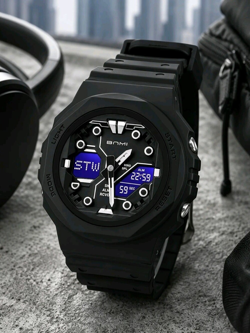 Unisex 5ATM Water Resistant Tactical Analog-Digital Sports Watch Stopwatch